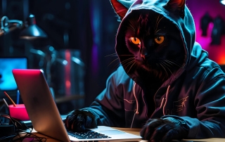 Black cat in black hoodie sitting at a desk typing on a laptop