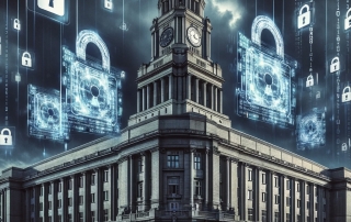 Conceptual illustration that combines the themes of the "public sector" and "ransomware attacks," featuring a government building under the threat of digital ransomware symbols.