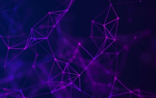 M&A ransomware risk assessment. A digital visualization of a deep blue and purple network of interconnected points and lines on a dark background. The web-like pattern represents data connections or a digital mesh, glowing with neon purple highlights.