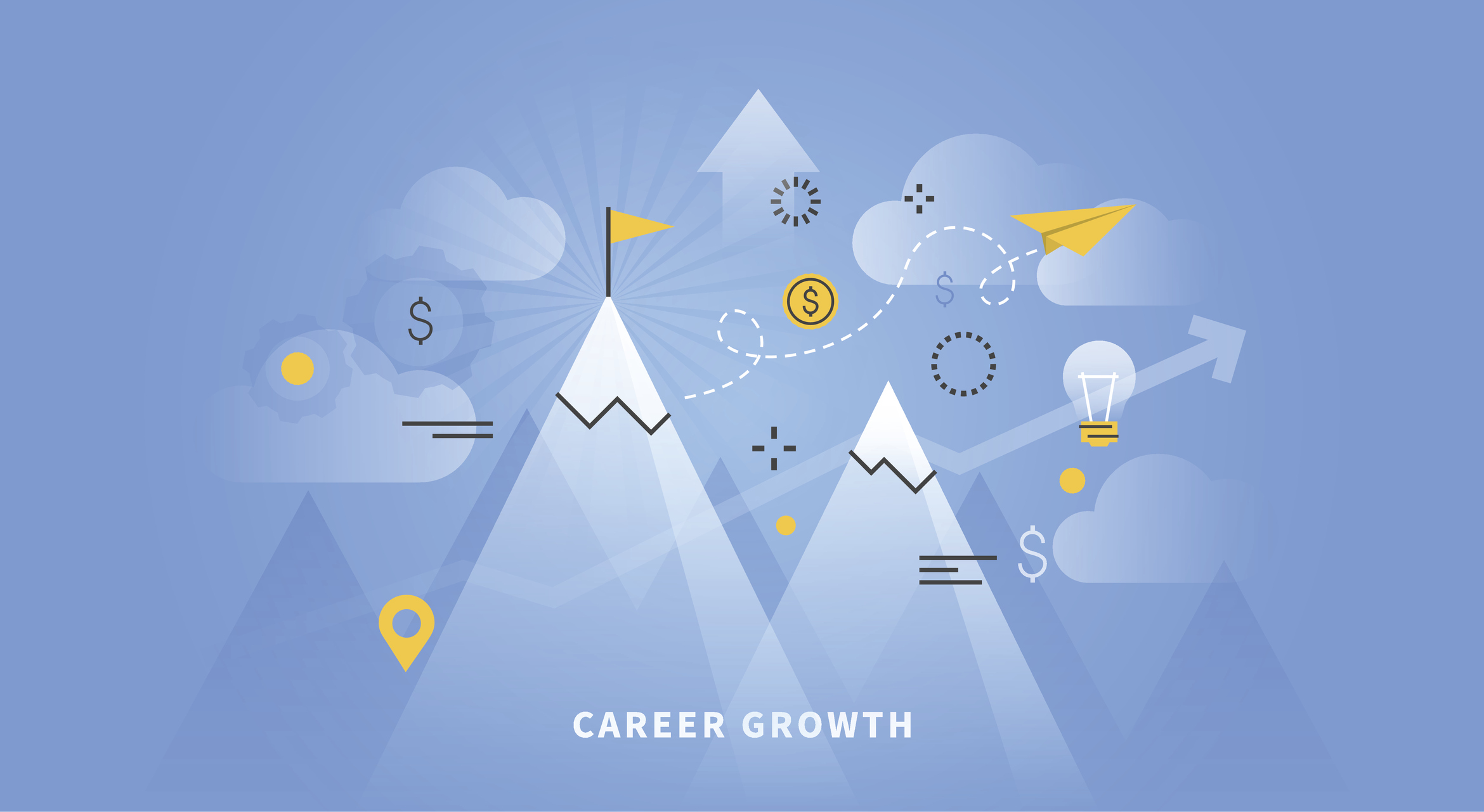 illustrated mountains with business symbols and text "career growth"