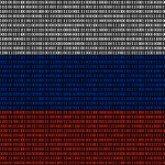 Cybersecurity Russia Ukraine Conflict computer code design into russian flag