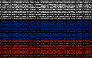 Cybersecurity Russia Ukraine Conflict computer code design into russian flag