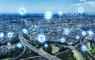 aerial view of city infrastructure with digital icons