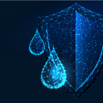 digital shield and water drops on top of a dark blue background