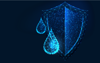 digital shield and water drops on top of a dark blue background