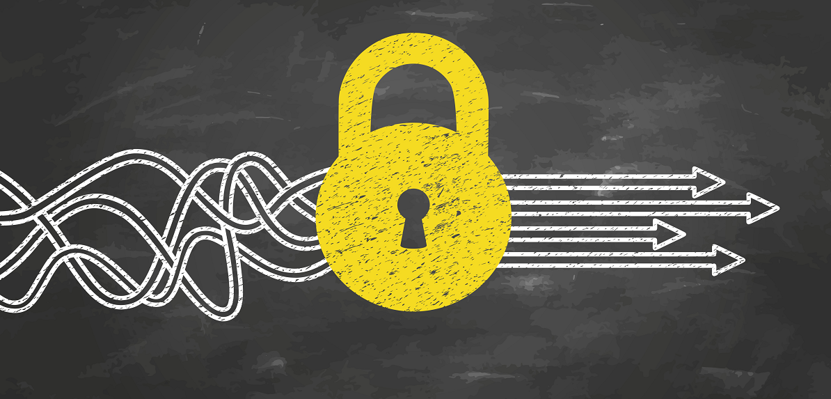 yellow lock with tangled arrows going through and straight arrows coming out on top of a chalkboard background