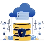 Illustration of sharing and communicating data with cloud services integrated with a secure database system. Vector design can be use for website, web, poster, banner, flyer, mobile apps, social media
