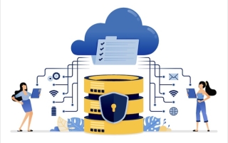 Illustration of sharing and communicating data with cloud services integrated with a secure database system. Vector design can be use for website, web, poster, banner, flyer, mobile apps, social media