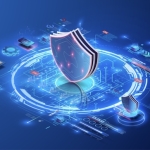 Blue cyber security concept illustration with database layout. Shield figure hovers in the middle of futuristic holograms of data and graphs.