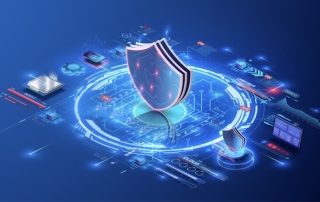 Blue cyber security concept illustration with database layout. Shield figure hovers in the middle of futuristic holograms of data and graphs.