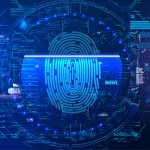 fingerprint is being scanned amidst clutters of data, files, and graphs in the blue and purple background