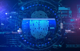 fingerprint is being scanned amidst clutters of data, files, and graphs in the blue and purple background