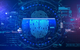 fingerprint is being scanned amidst clutters of data, files, and graphs in the blue and purple background
