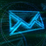 Internet email communication in cyberspace with envelope sign on digital background. Correspondence safety and digital message symbol abstract concept 3d illustration.
