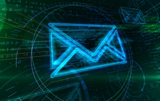 Internet email communication in cyberspace with envelope sign on digital background. Correspondence safety and digital message symbol abstract concept 3d illustration.