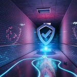 an icon of a checkmark in a shield is hovering above a glowing, blue pedestal at the end of a hallway made of white bricks. three neon blue wires are attached to the glowing, blue pedestal and there's a subtle pink glow behind the checkmark icon.