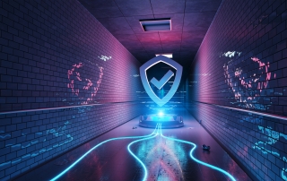 an icon of a checkmark in a shield is hovering above a glowing, blue pedestal at the end of a hallway made of white bricks. three neon blue wires are attached to the glowing, blue pedestal and there's a subtle pink glow behind the checkmark icon.