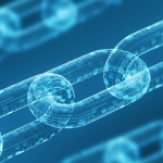 Three diagonal digital chains on a blue background. Blockchain technology concept.