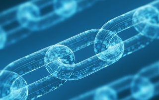 Three diagonal digital chains on a blue background. Blockchain technology concept.