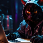 Black cat in black hoodie sitting at a desk typing on a laptop