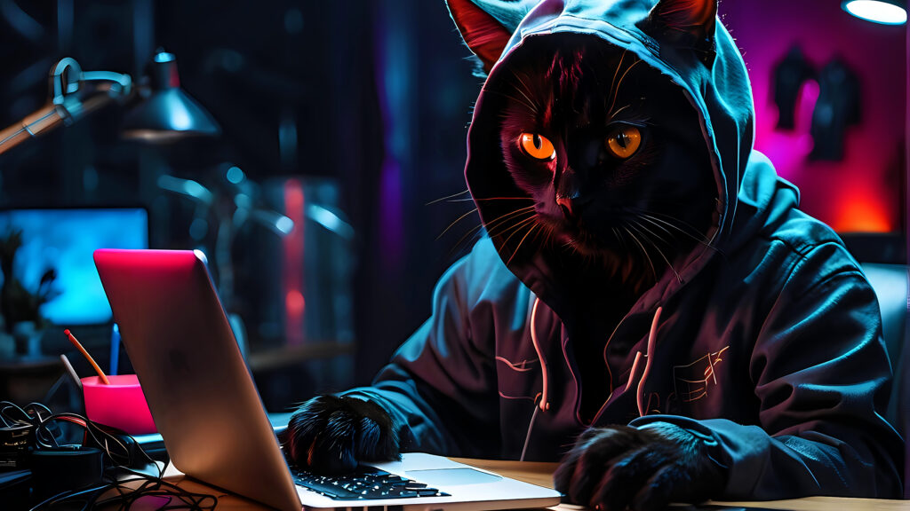 Black cat in black hoodie sitting at a desk typing on a laptop