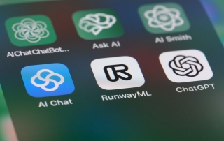 RunwayML (AI video App by Runway company), OpenAI ChatGPT and other AI application software on screen.