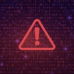 Background with binary code and a big, red, triangular warning sign with exclamation point in the middle of the image