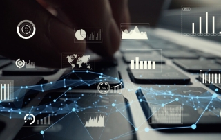 Creative visual of business big data and finance analysis on computer showing concept of statistical investment decision making methodology, fintech and financial engineering .