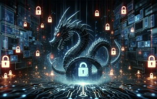 digital landscape representing cybersecurity threats, with a stylized dragon and digital locks as symbols.