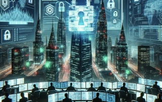 A futuristic cityscape with skyscrapers covered in digital glitch effects and padlock symbols representing the surge in ransomware.