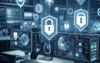 a high-tech office environment focused on preparedness and vigilance, with screens displaying various proactive cybersecurity measures