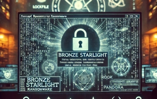A concept image representing Bronze Starlight Ransomware. The image depicts a computer screen filled with encrypted data symbols and code.