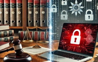 The image depicts two contrasting scenes side by side, divided by a faint digital line. On the left side, there is a clean, organized office environment. A neat desk holds law books, a stack of legal documents, and a gavel. These items symbolize legal compliance, suggesting an orderly, professional atmosphere focused on law and regulation. On the right side, the scene is much more chaotic. A laptop dominates the space, its screen flashing a bright red warning with a large lock icon in the center. This represents a ransomware attack, with the computer hijacked and locked down by malicious software. The contrast between the two sides highlights the balance between security (legal compliance) and the threats posed by cyberattacks (ransomware). The faint digital line separating the scenes emphasizes how closely these two worlds are connected yet distinct.