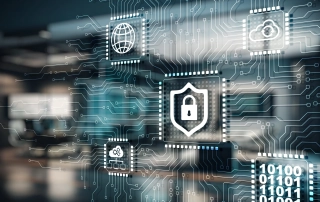 Data breach recovery planning. This image depicts a digitally rendered concept of a circuit board with various cybersecurity symbols. It features a complex network of electronic traces and nodes, simulating a computer motherboard. Prominently displayed are icons representing a globe, a padlock, and binary code (0s and 1s), all symbolizing different aspects of digital security. The image has a high-tech, futuristic feel, with a sharp focus on the central area gradually blurring towards the edges, enhancing the depth and detail of the circuitry.