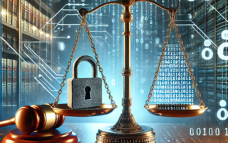 Legal compliance in ransomware recovery. The image portrays a symbolic representation of "Legal Compliance in Ransomware Recovery." At the center is a golden balance scale. One side of the scale holds a silver lock, symbolizing data security, while the other side holds a stack of glowing documents, representing legal compliance. Beneath the scale lies a wooden gavel, emphasizing justice and the legal aspect of ransomware recovery. The background features a digital environment with streams of binary code (1s and 0s) and circuitry patterns, giving a high-tech feel. Shelves filled with law books appear on one side, blending traditional legal imagery with the modern digital theme. The overall atmosphere conveys a sense of balance, security, and the importance of following legal protocols in cybersecurity. The glowing elements and mix of modern and traditional symbols reinforce the theme of bridging law and technology.
