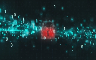 Ransomware negotiation services benefits. The image portrays a digital landscape featuring a glowing red padlock at its center, symbolizing a security breach or restricted access. The background consists of a matrix-like stream of binary code (1s and 0s) in bright neon green, creating the impression of a flowing digital network or data stream. The scattered glowing points of light give a sense of motion and depth, resembling a dynamic, cybernetic environment. The combination of the red lock and the surrounding green data suggests themes of cybersecurity, encryption, or vulnerability within a network.