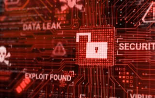Roles in ransomware response team. The image displays a highly stylized and ominous depiction of a cybersecurity threat. The dominant color is red, symbolizing danger, with a glowing, pixelated open padlock at the center, representing a breach in security. Surrounding the lock are circuit board patterns, conveying a digital and high-tech theme. Several warning phrases appear in bold text, such as "DATA LEAK," "EXPLOIT FOUND," and "SECURITY," highlighting various aspects of a cybersecurity crisis. Icons such as a skull and crossbones and a triangular warning symbol further emphasize the themes of danger and vulnerability. The overall design conveys a sense of urgency and is visually aligned with topics like data breaches, hacking, and ransomware threats.