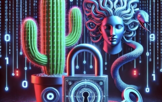 Ransomware Surge: 4 Cyber Threat Groups Wreaking Havoc in February 2025. Cyber-tech themed illustration featuring a cactus, lock, key, and Medusa, all surrounded by cascading binary code in a high-tech, futuristic setting.
