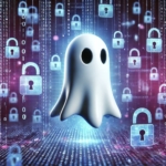 The image features a ghostly figure floating in a cyber-tech environment. The ghost is a classic sheet-like shape, softly glowing in a subtle white hue with smooth, rounded edges. It has two dark, oval-shaped eyes and a slightly wavy lower body, giving it an ethereal presence. Surrounding the ghost are streams of cascading binary code (ones and zeros), appearing like digital rain, reinforcing the theme of cybersecurity and encryption. Additionally, several glowing security padlocks float in the background, symbolizing digital security and cyber threats. The overall color palette is cool-toned, dominated by shades of blue and purple, giving the scene a futuristic, high-tech feel. The lighting is soft yet dramatic, making the ghost stand out against the darker, digital-themed background. The image conveys a sense of mystery and technology, blending the eerie yet neutral presence of a ghost with the modern world of cybersecurity threats.