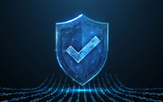 Penetration testing for ransomware. A glowing blue shield with a large checkmark in the center represents security, protection, and data integrity. The shield is made of digital wireframe structures, reinforcing the cybersecurity theme. At the bottom, binary code (1s and 0s) flows like a digital wave, emphasizing data protection and encryption.