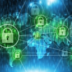 Cybersecurity certifications for ransomware. A digital map of the world in shades of blue and green is overlaid with bright green lock icons, each connected by glowing lines. The locks represent security across different global regions, suggesting a networked cybersecurity system. The background has vertical scan lines, adding a techy, coded feel.