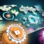 EDR tools ransomware defense. A 3D-rendered tech interface shows spinning lock icons in vibrant colors (green, orange, purple) set against a world map. The screen is filled with dials, data points, and abstract futuristic widgets, illustrating high-tech data security and analytics across global systems.