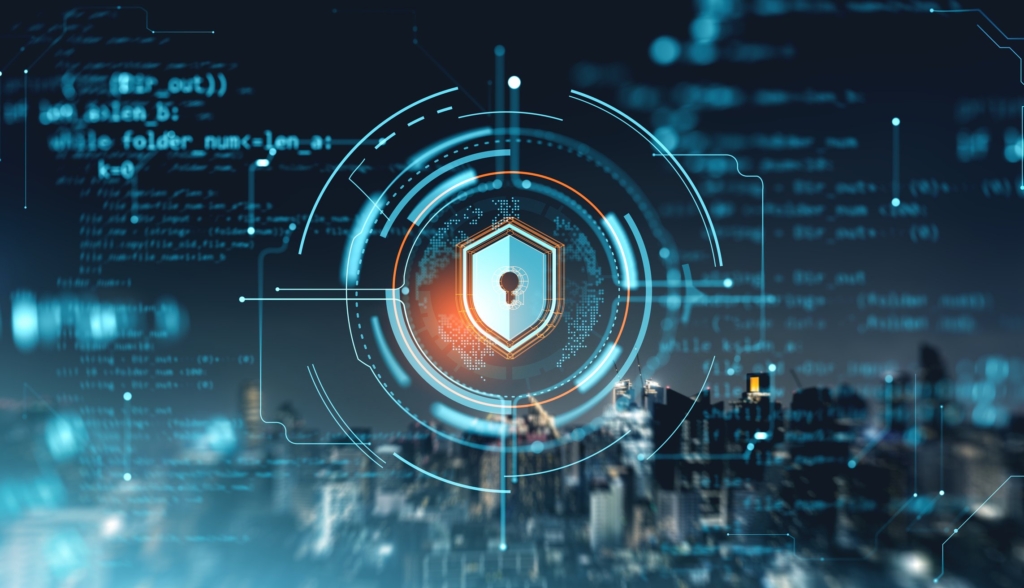 Ransomware recovery cost analysis. This image shows a digitally generated visual against a blurred, futuristic background that suggests a cityscape or digital environment. In the center, there is a bright glowing shield icon with a keyhole at its core, symbolizing security. Radiating from this central symbol are intricate circular designs, dotted lines, interconnected points, and layers of digital circles. Behind and around this central shield, there are lines of code and programming language snippets, suggesting cybersecurity, encryption, and digital data protection within technological infrastructures. The overall color scheme is composed of various shades of blue, teal, and subtle highlights of orange, providing a high-tech, secure, and digitally interconnected feel.