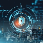 Ransomware recovery cost analysis. This image shows a digitally generated visual against a blurred, futuristic background that suggests a cityscape or digital environment. In the center, there is a bright glowing shield icon with a keyhole at its core, symbolizing security. Radiating from this central symbol are intricate circular designs, dotted lines, interconnected points, and layers of digital circles. Behind and around this central shield, there are lines of code and programming language snippets, suggesting cybersecurity, encryption, and digital data protection within technological infrastructures. The overall color scheme is composed of various shades of blue, teal, and subtle highlights of orange, providing a high-tech, secure, and digitally interconnected feel.