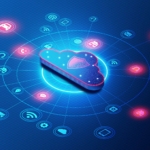Third-party ransomware infection response. A 3D glowing cloud icon is surrounded by a network of connected digital nodes and cybersecurity symbols. The color scheme is bright blue and neon pink, giving a futuristic cloud computing and data security feel. Various icons representing internet, networks, storage, and security features are floating around the cloud.