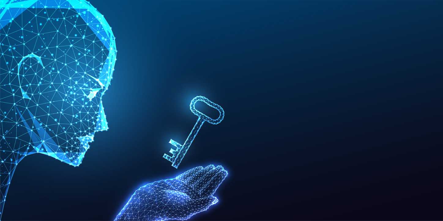 Automated Patch Management. A digital-style blue graphic shows a wireframe human face and hand. A glowing key floats just above the palm, symbolizing access, identity, or cybersecurity. The image is abstract and futuristic in tone.
