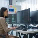 Backup solutions ransomware resilience. Two young professionals sit across from each other at a shared desk in a bright, minimalist office space. Each person has multiple computer monitors displaying lines of code. A woman on the left is typing, while a man on the right, wearing glasses and headphones around his neck, looks attentively at his screen. Colorful sticky notes are visible on a board in the background.