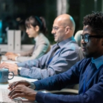 Cybersecurity Awareness Training. Three people sit side-by-side at a long desk, each working on desktop computers. They appear focused and professional. A man with glasses and curly hair in the foreground types attentively. Behind him, a bald man and a woman with her hair tied back are also concentrating on their screens. The setting appears to be a modern office or cybersecurity operations center, with a cool blue lighting.
