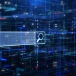 IT Security Training for Employees. A glowing search bar floats in the middle of a dark, futuristic blue background filled with grids, ones and zeros, and neon digital lines. It looks like a high-tech virtual environment representing a deep search, cybersecurity scan, or big data navigation.