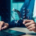 API security ransomware prevention. A person in a suit holds a magnifying glass over a digital checklist interface while typing on a laptop. Digital icons representing documents and approvals float in the air, symbolizing inspection, audit, or verification processes.